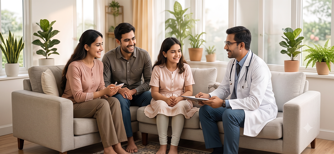 Happy family consulting with a trusted healthcare doctor